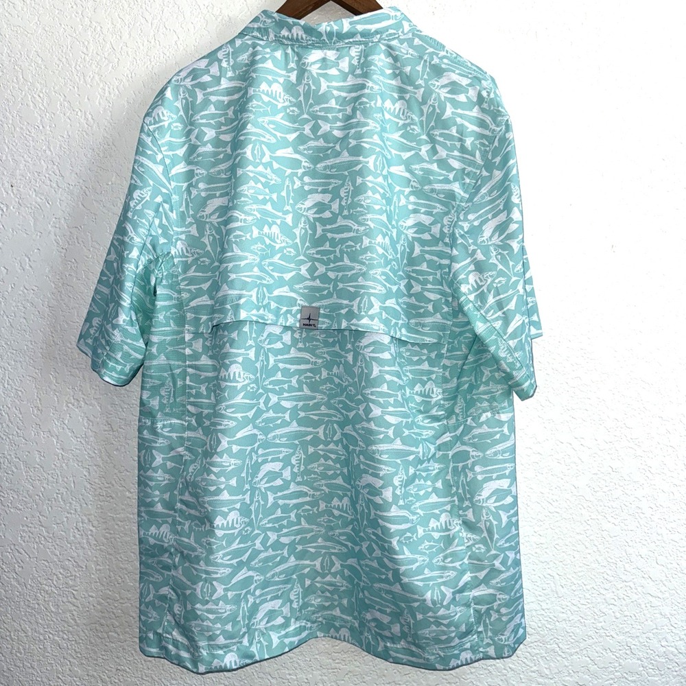Habit Fishing Shirt River Run Aqua Splash White Fish Print Men's Size L UPF 50 - Picture 2 of 8